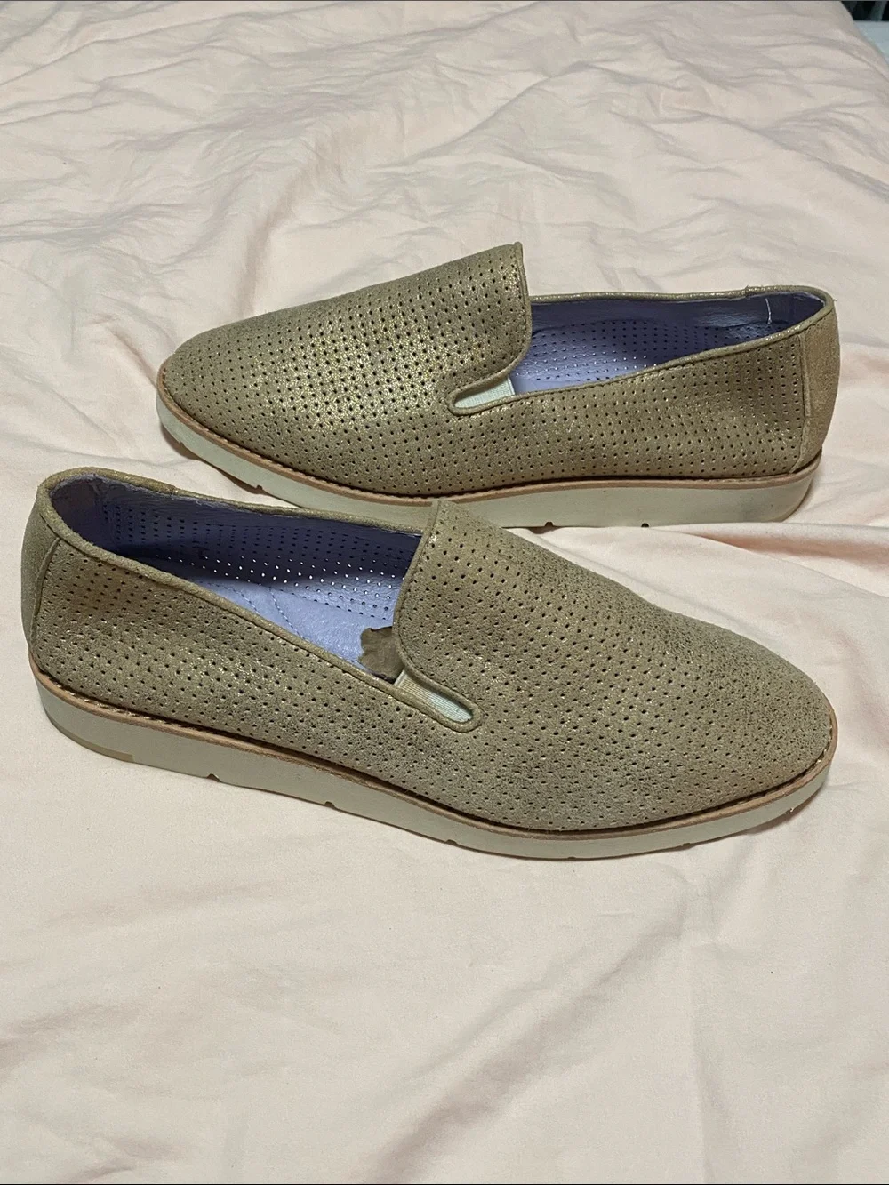 Johnston & Murphy Gold tone Perforated Suede Slip-On Loafers